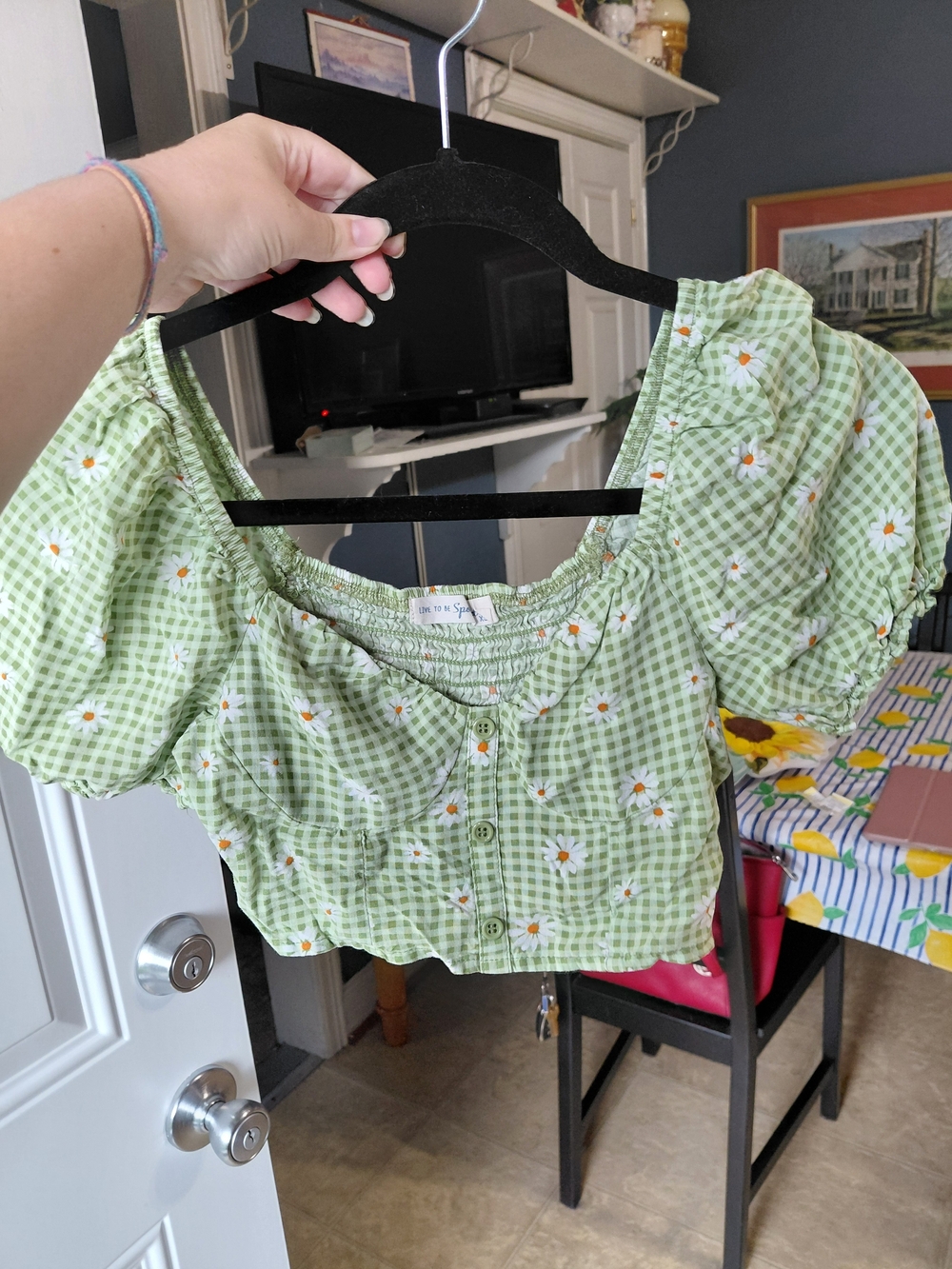Gingham Daisy Puff-Sleeve Crop Top - Green
